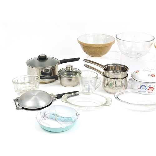 221 - Kitchenalia including saucepans, Pyrex glass dishes, bowls, ceramic mixing bowls, measuring jug and ... 