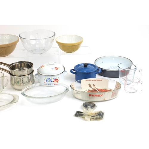 221 - Kitchenalia including saucepans, Pyrex glass dishes, bowls, ceramic mixing bowls, measuring jug and ... 