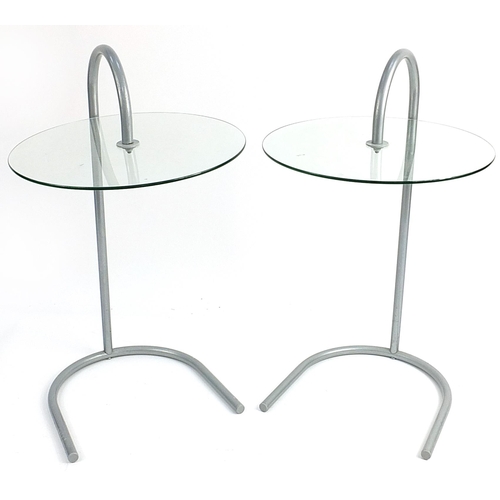 145 - Pair of silver metal stylish circular glass side tables, each 72cm