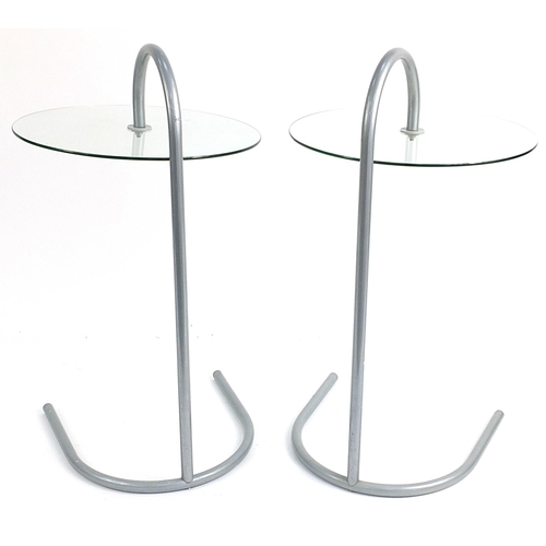 145 - Pair of silver metal stylish circular glass side tables, each 72cm