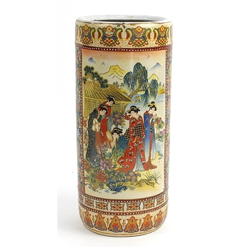 105 - Oriental ceramic stick stand decorated with ladies and flowers, 47cm high