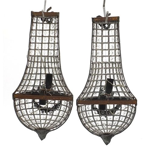 1500 - Pair of ornate bronzed metal chandelier design wall lights with bows, 50cm high