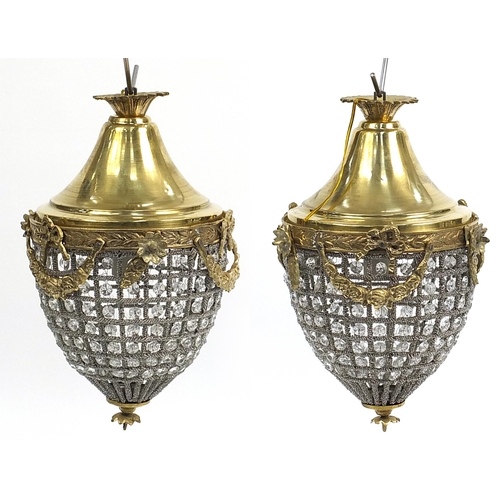 1499 - Pair of ornate gilt brass acorn chandeliers with swags and bows, 40cm high