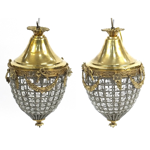 1499 - Pair of ornate gilt brass acorn chandeliers with swags and bows, 40cm high