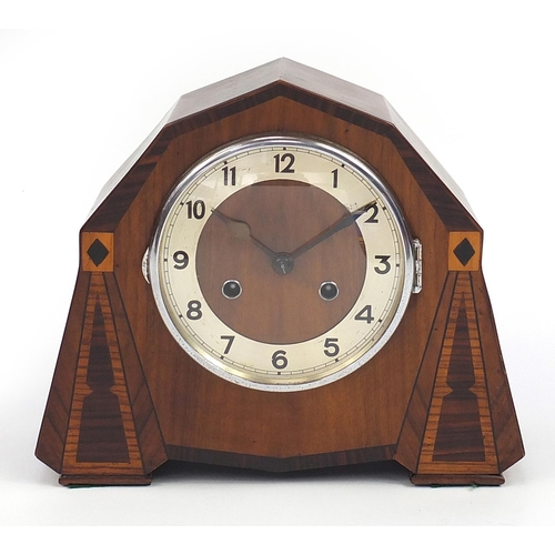 1857 - Art Deco inlaid mahogany striking mantle clock, 25cm high