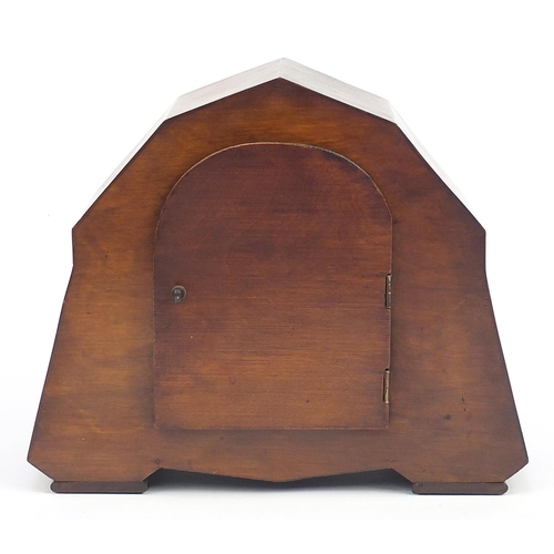 1857 - Art Deco inlaid mahogany striking mantle clock, 25cm high