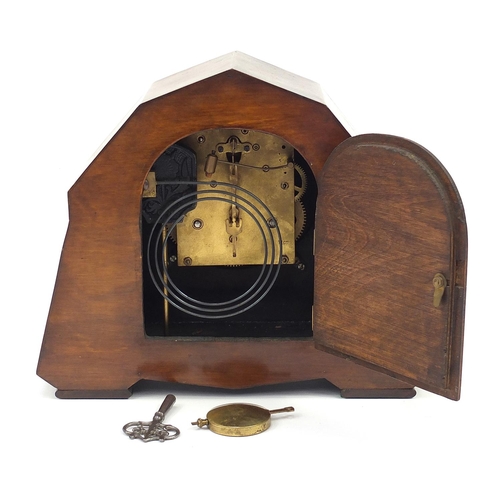 1857 - Art Deco inlaid mahogany striking mantle clock, 25cm high