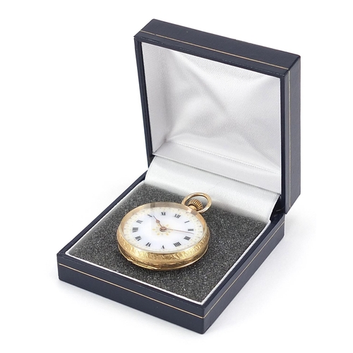 282 - 12ct gold ladies pocket watch with enamelled dial, 34mm in diameter, 33.0g