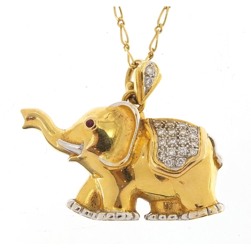 66 - 90% gold elephant pendant set with diamonds and a ruby, on a 18ct gold necklace, 13.0g and 2.3g, the... 