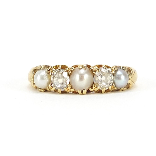 53 - Unmarked gold diamond and pearl five stone ring, size P/Q, 3.4g