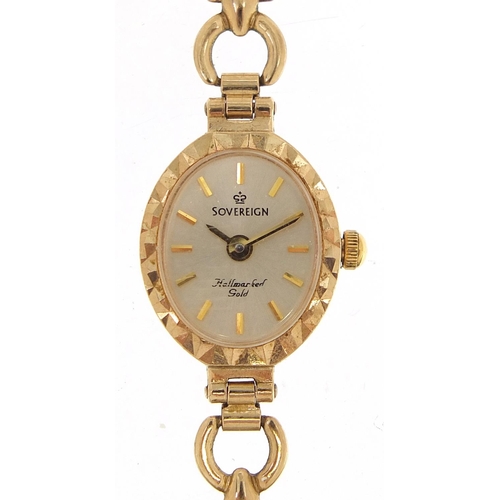 308 - Sovereign, ladies 9ct gold wristwatch with 9ct gold strap and box, the case 15mm wide, total weight ... 