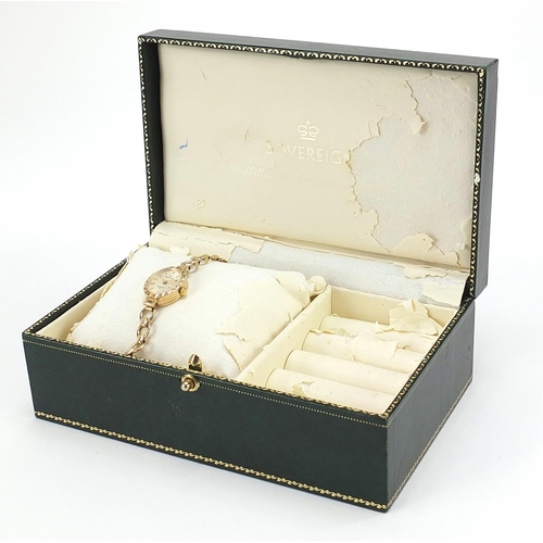 308 - Sovereign, ladies 9ct gold wristwatch with 9ct gold strap and box, the case 15mm wide, total weight ... 