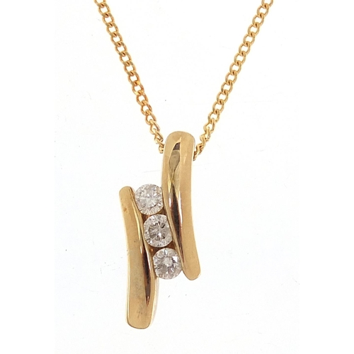 84 - 9ct gold diamond three stone pendant on a 9ct gold necklace, 1.8cm high and 45cm in length, 2.8g