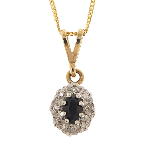 215 - 9ct gold sapphire and diamond cluster pendant on a 9ct gold necklace, 1.9cm high and 44cm in length,... 