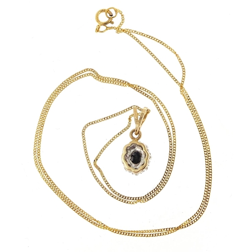 215 - 9ct gold sapphire and diamond cluster pendant on a 9ct gold necklace, 1.9cm high and 44cm in length,... 