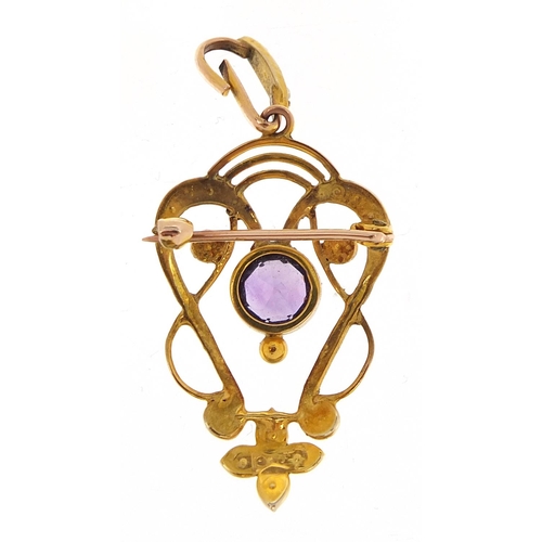 89 - Art Nouveau 9ct gold amethyst and pearl pendant brooch housed in a fitted box, 3.7cm high, 2.1g