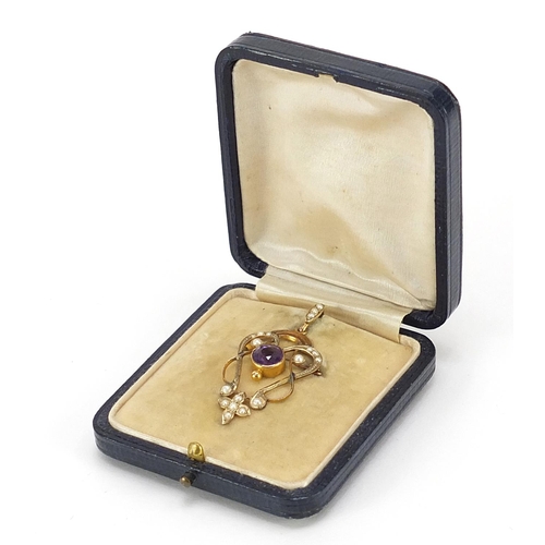 89 - Art Nouveau 9ct gold amethyst and pearl pendant brooch housed in a fitted box, 3.7cm high, 2.1g