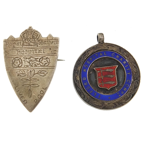 1861 - Royal Southern hospital Liverpool silver badge together with a silver an enamel Ilford Hospital jewe... 