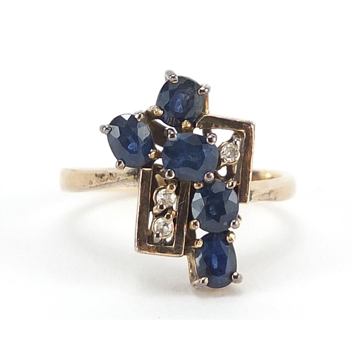 83 - 14ct gold sapphire and diamond cluster cocktail ring, size J, 4.2g