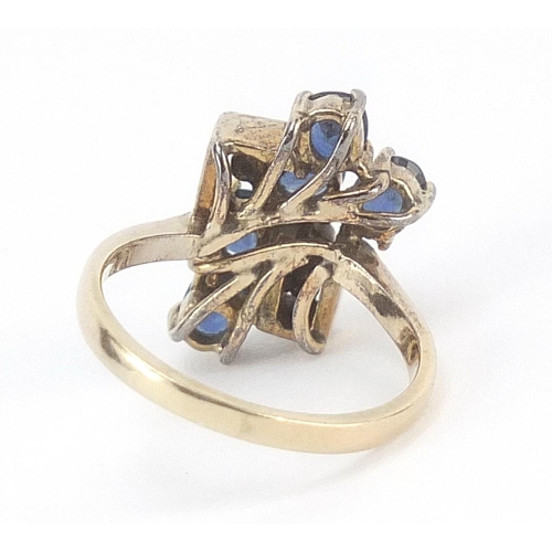 83 - 14ct gold sapphire and diamond cluster cocktail ring, size J, 4.2g