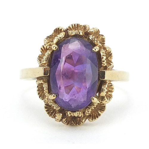 246 - 9ct gold amethyst solitaire ring, size L, 3.6g