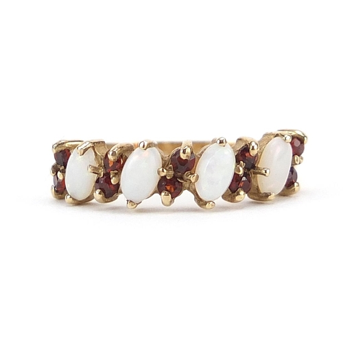 336 - 9ct gold garnet and opal half eternity ring, size N/O, 2.4g