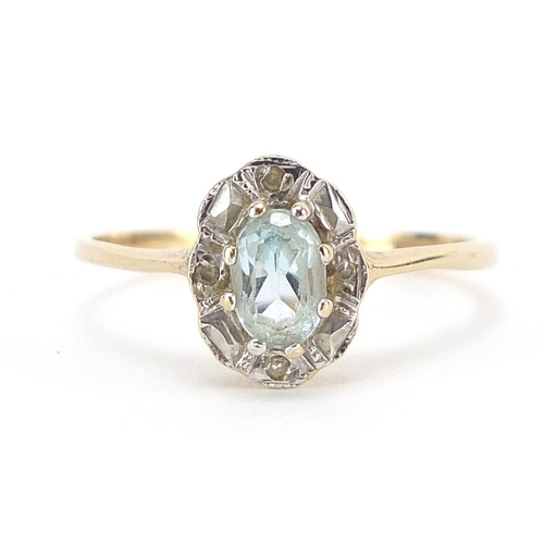 340 - 9ct gold diamond and aquamarine cluster ring, size M/N, 1.5g