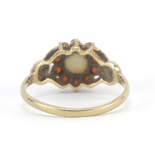 238 - 9ct gold garnet and opal cluster ring, size N, 1.8g