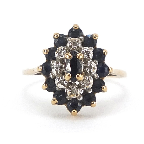 254 - 9ct gold sapphire and diamond cluster ring, size L, 2.4g