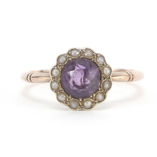 58 - 9ct gold amethyst and pearl cluster ring, size L, 2.1g