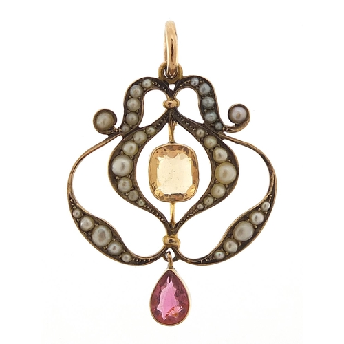 71 - Art Nouveau 9ct gold seed pearl, citrine and pink stone drop pendant, 3.6cm high, 3.1g