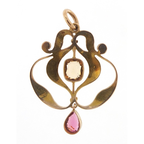 71 - Art Nouveau 9ct gold seed pearl, citrine and pink stone drop pendant, 3.6cm high, 3.1g