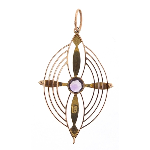 104 - 9ct gold amethyst and seed pearl drop pendant, 4.5cm high, 2.9g