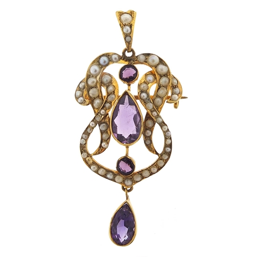 23 - Art Nouveau 9ct gold amethyst and pearl pendant brooch, 5.2cm high, 5.0g