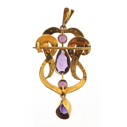 23 - Art Nouveau 9ct gold amethyst and pearl pendant brooch, 5.2cm high, 5.0g