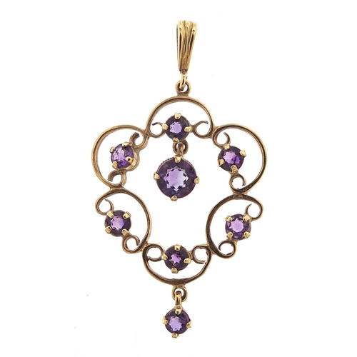 115 - 9ct gold amethyst drop pendant, 4.5cm high, 4.0g