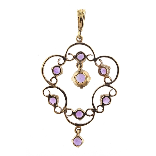 115 - 9ct gold amethyst drop pendant, 4.5cm high, 4.0g