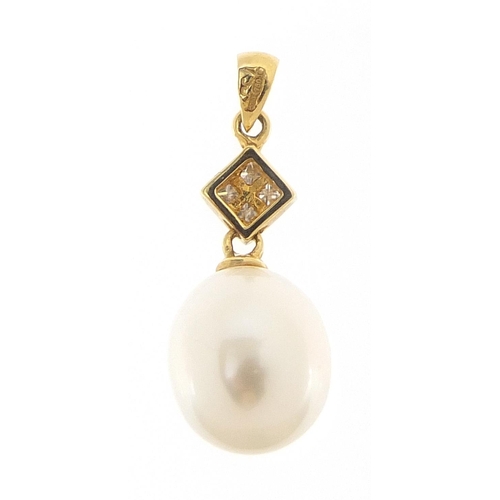 304 - 18ct gold diamond and freshwater pearl drop pendant, 2.5cm high, 2.0g