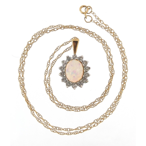 74 - 9ct gold opal and cubic zirconia cluster pendant on a 9ct gold necklace, 2.0cm high and 44cm in leng... 