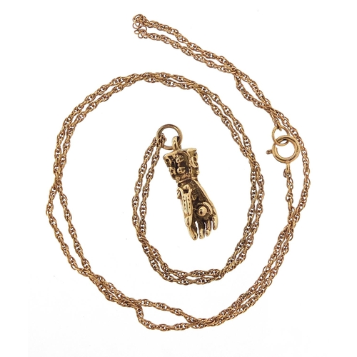 181 - 9ct gold hand pendant on a 9ct gold necklace, 1.8cm high and 46cm in length, 3.1g