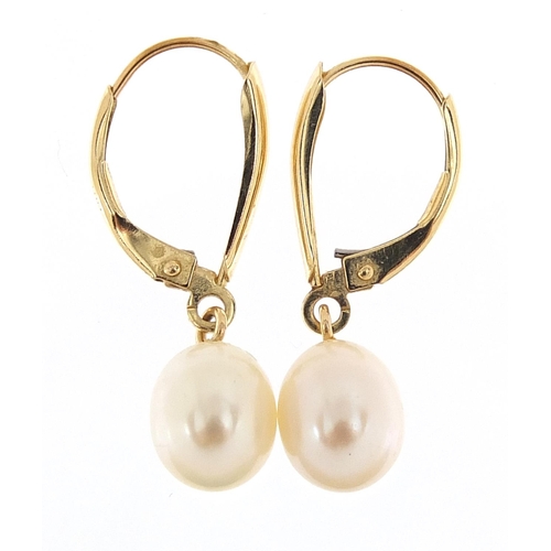 353 - Pair of 9ct gold freshwater pearl drop earrings, 2.6cm high, 2.1g