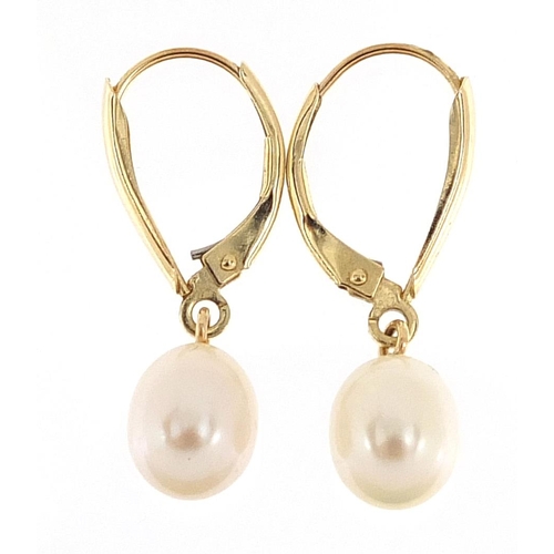 353 - Pair of 9ct gold freshwater pearl drop earrings, 2.6cm high, 2.1g