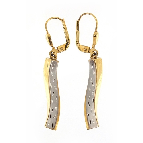 359 - Pair of 9ct two tone gold drop earrings, 3.9cm high, 1.5g