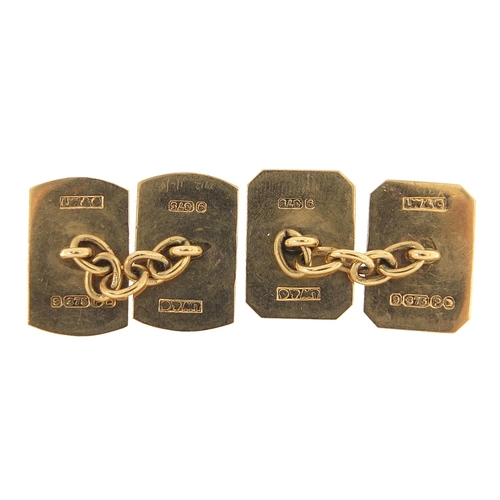 146 - Pair of 9ct gold masonic cufflinks with engine turned decoration, 1.5cm high, 4.6g