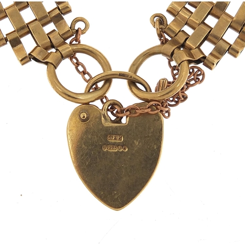 49A - 9ct gold five row gate link bracelet with love heart padlock, 16cm in length, 20.5g