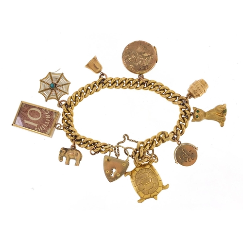 194 - Yellow metal charm bracelet with eight 9ct gold charms and a gilt metal locket, total weight 37.4g