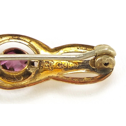 192 - Charles Horner, Art Nouveau rolled gold bar brooch set with a pink stone, 2.7cm wide, 1.5g