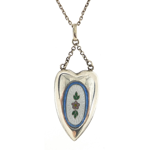 201 - Charles Horner, Arts Nouveau sterling silver and enamel love heart pendant on a silver necklace, 4cm... 