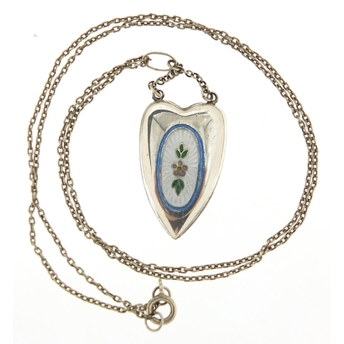 201 - Charles Horner, Arts Nouveau sterling silver and enamel love heart pendant on a silver necklace, 4cm... 