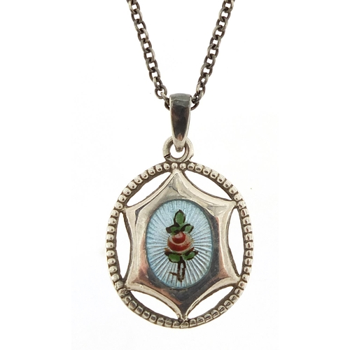 185 - Charles Horner, Arts Nouveau sterling silver and enamel pendant on a silver necklace, 2cm high and 4... 